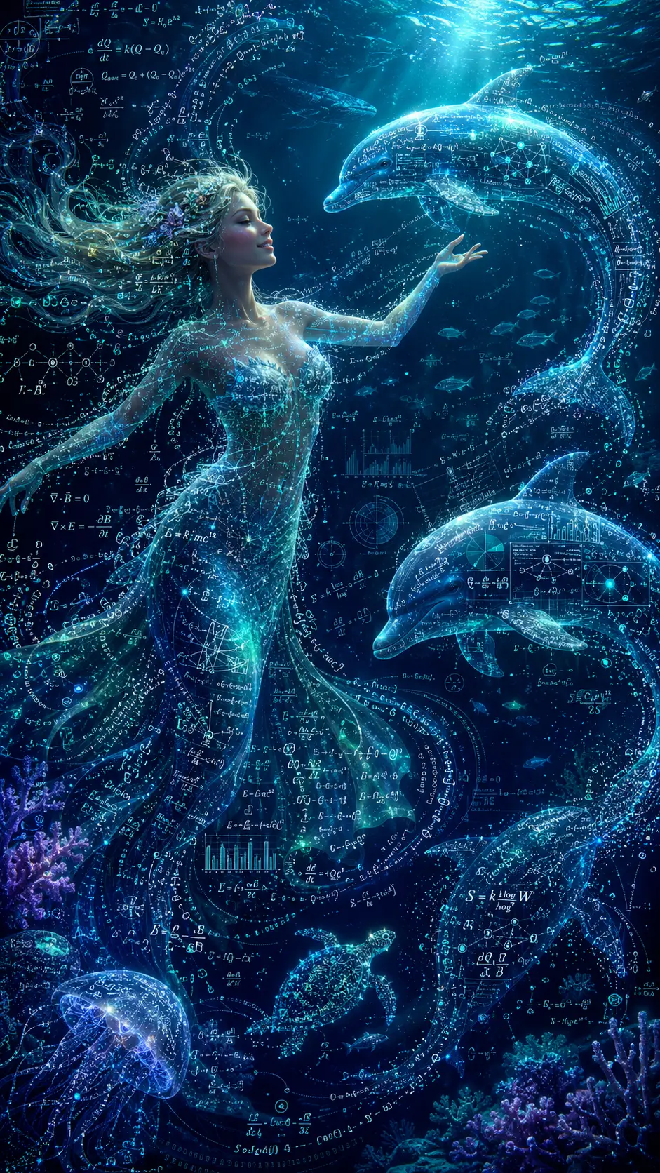 Fata del mare che danza con i delfini in un luminoso oceano di dati