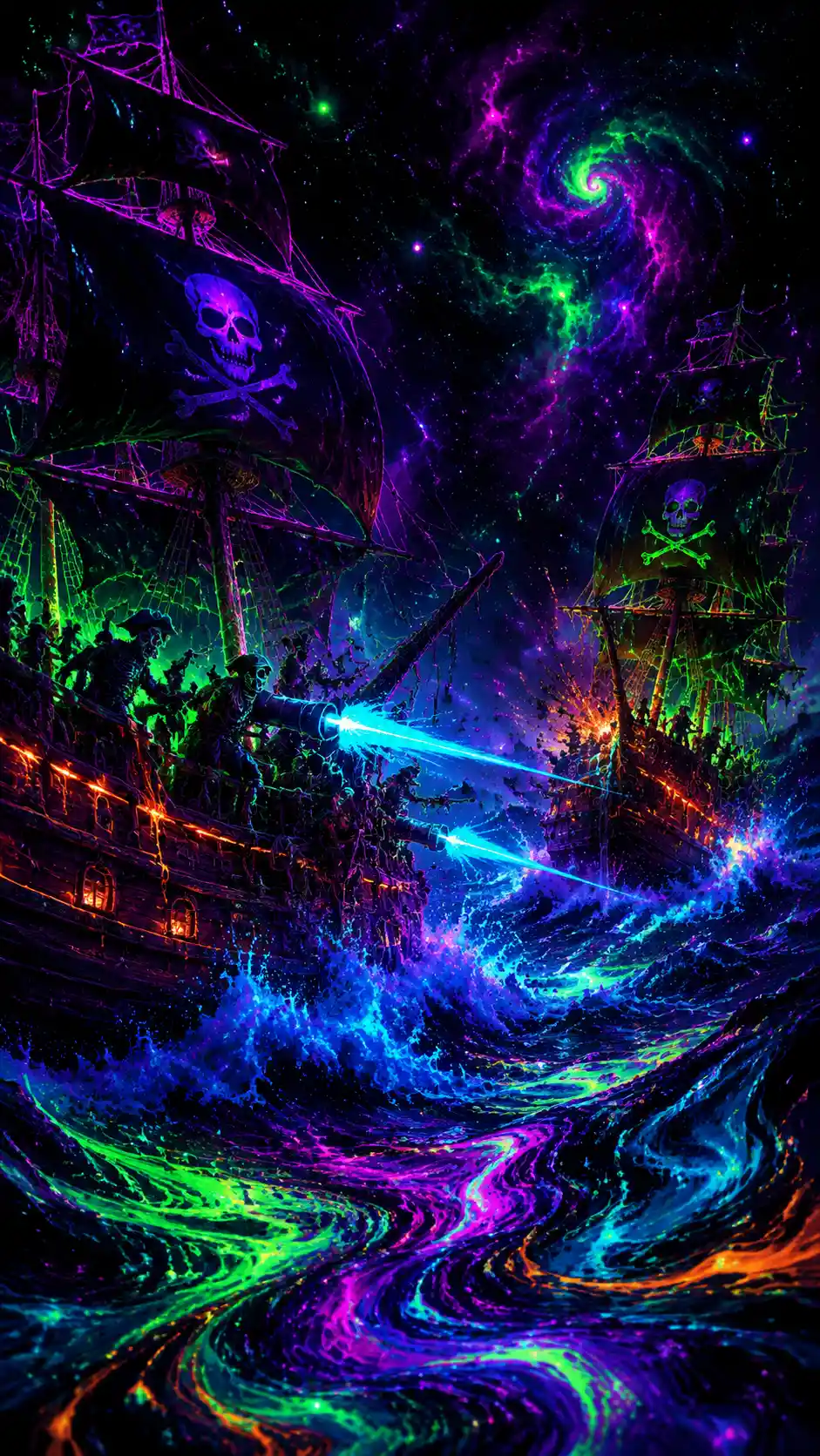 Neon pirate ships battling on a surreal ultraviolet sea