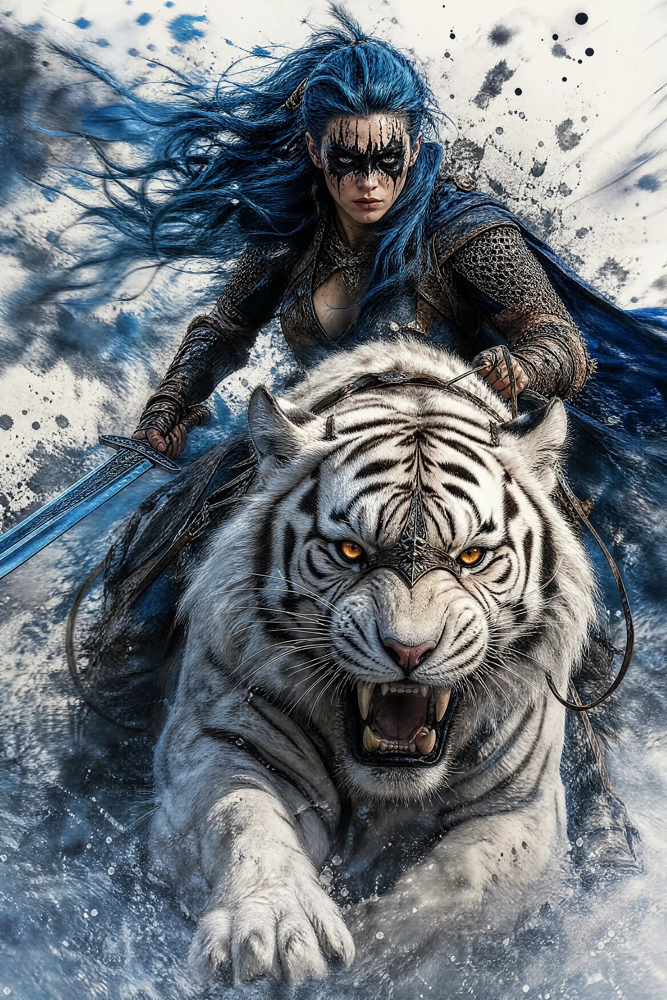 Viking woman charging on white tiger through swirling snow