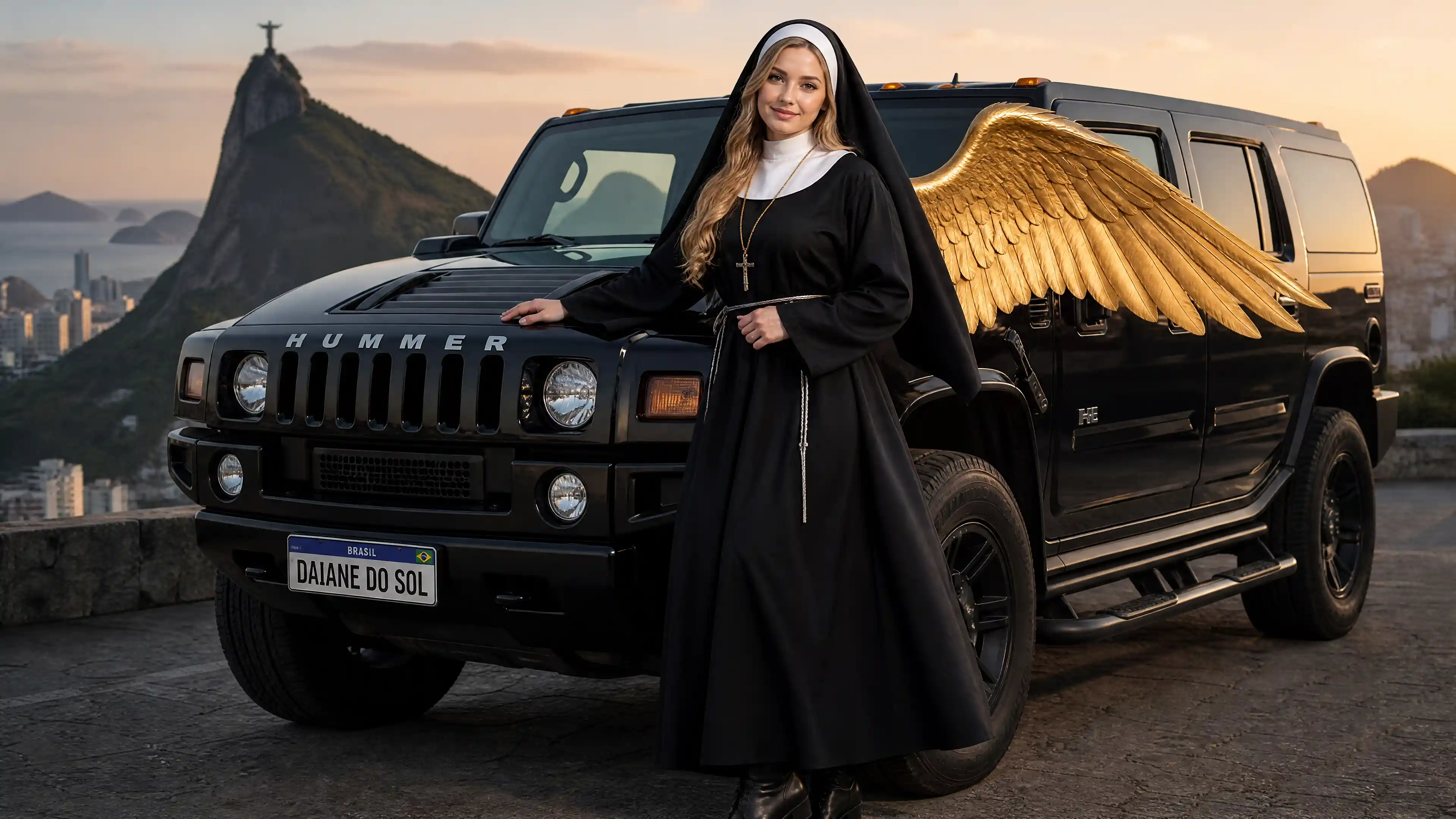 Gentle angelic woman in nun habit driving a black car