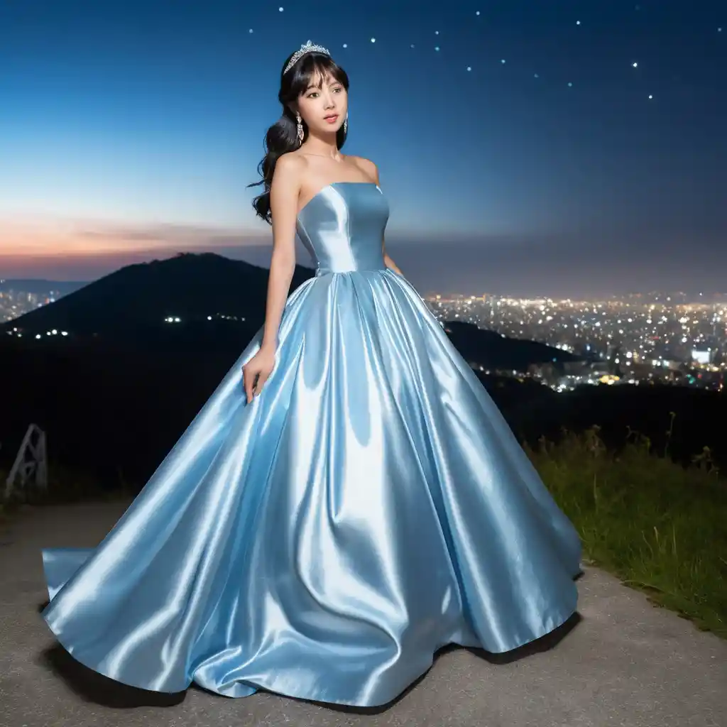 Ragazza giapponese elegante in abito di raso blu nella notte