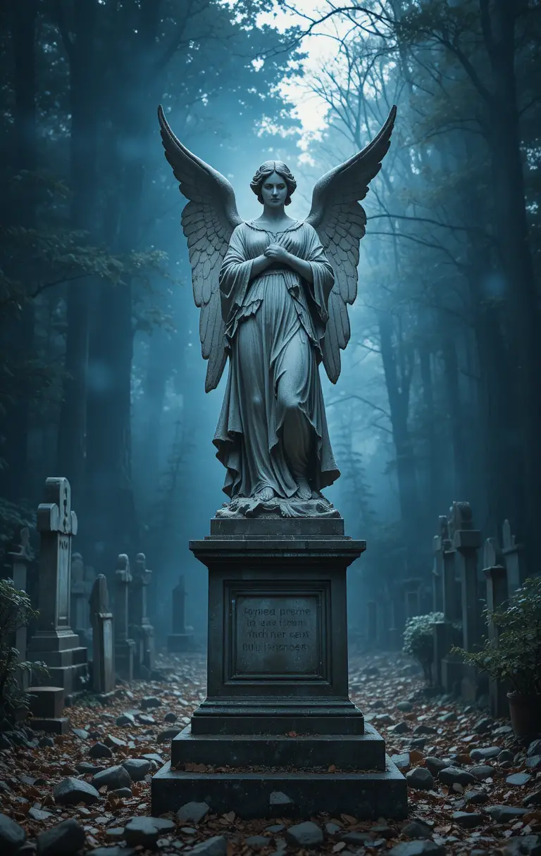 Majestueuse statue d’ange en pierre dans un vieux cimetière brumeux