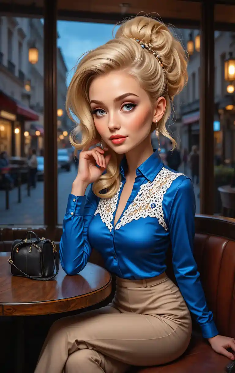 Blonde young woman in blue satin shirt at restaurant table