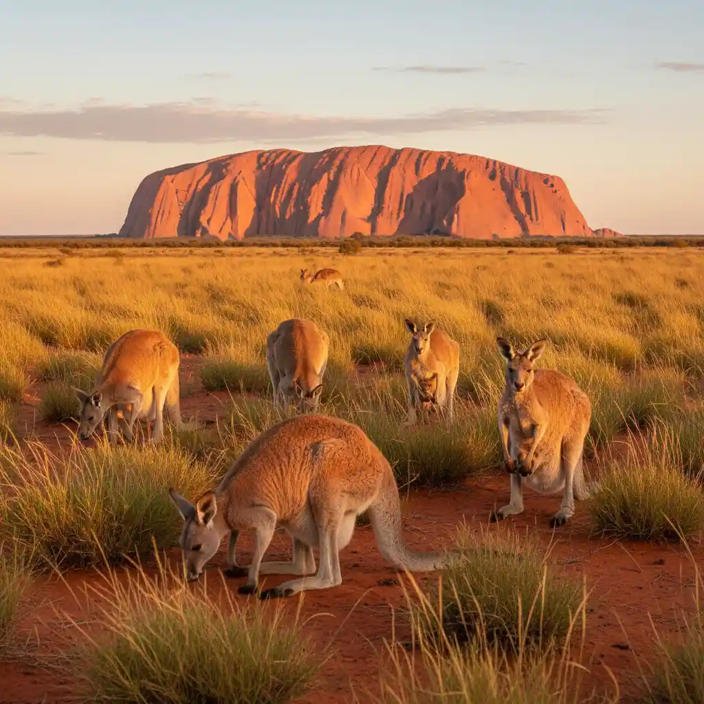 Kängurus beim Grasen in sonnendurchfluteter australischer Wüstenlandschaft