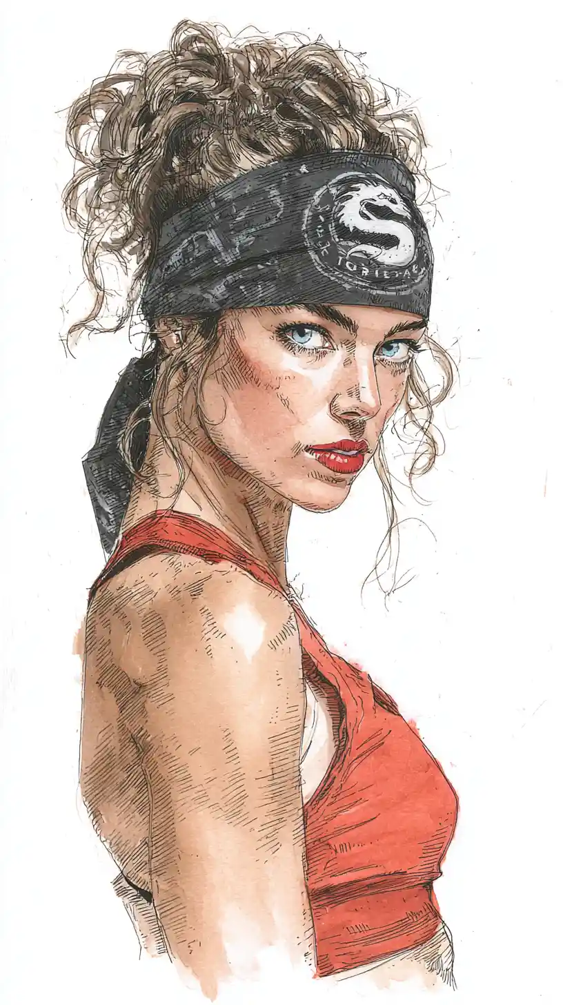 Portrait intense de femme athlétique avec détails de croquis technique