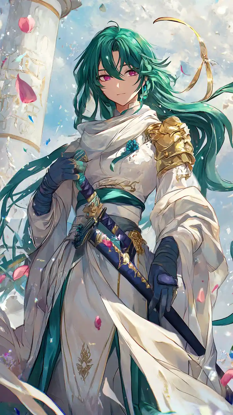 Golden haired anime girl in ornate armor with blue ribbon