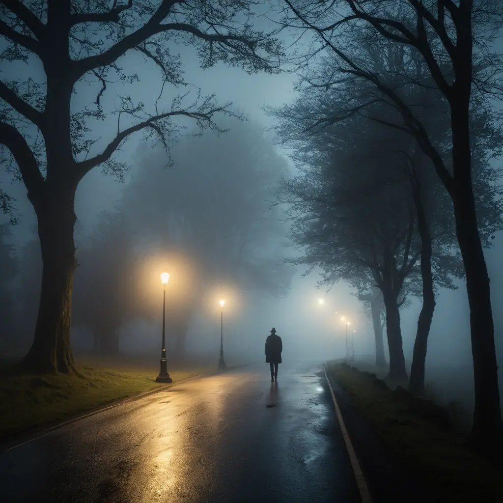Lone stranger walking under a glowing streetlamp at night