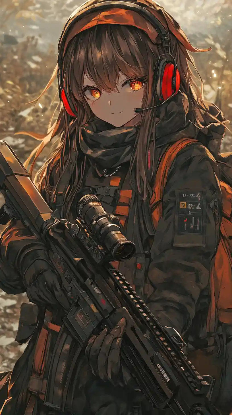 Garota de anime ao lado de uma base triangular na selva ao entardecer