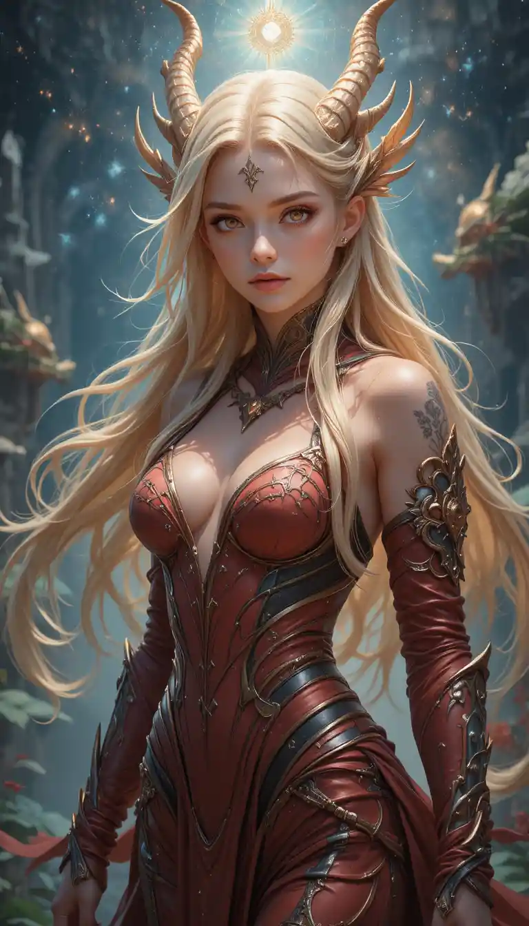 Anime dragon woman warrior with golden hair and armor