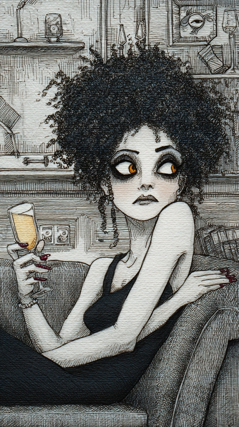 Mulher relaxada com cabelo afro em um sofá escuro