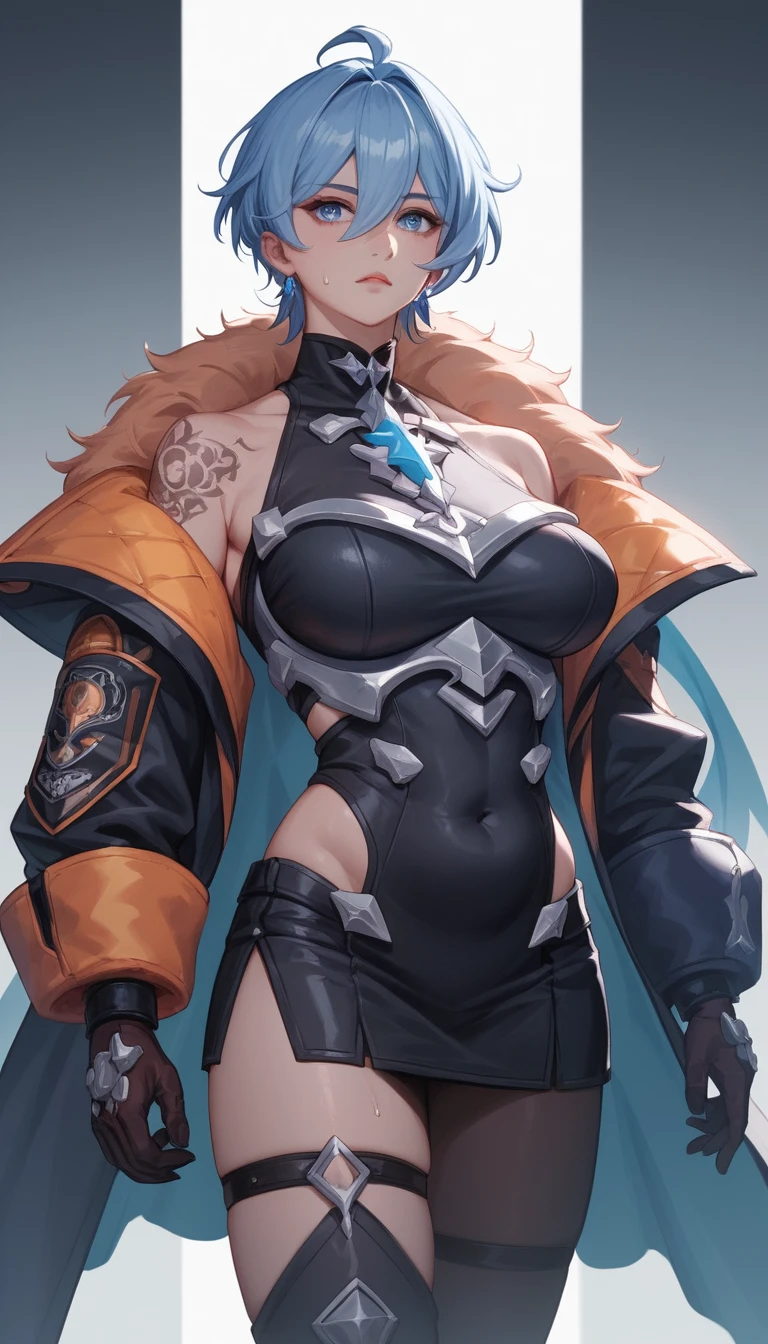Sultry anime heroine with blue eyes and wild straight hair