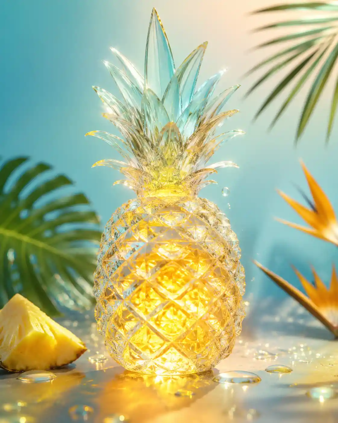 Glass pineapple sculpture with glowing golden fruit core