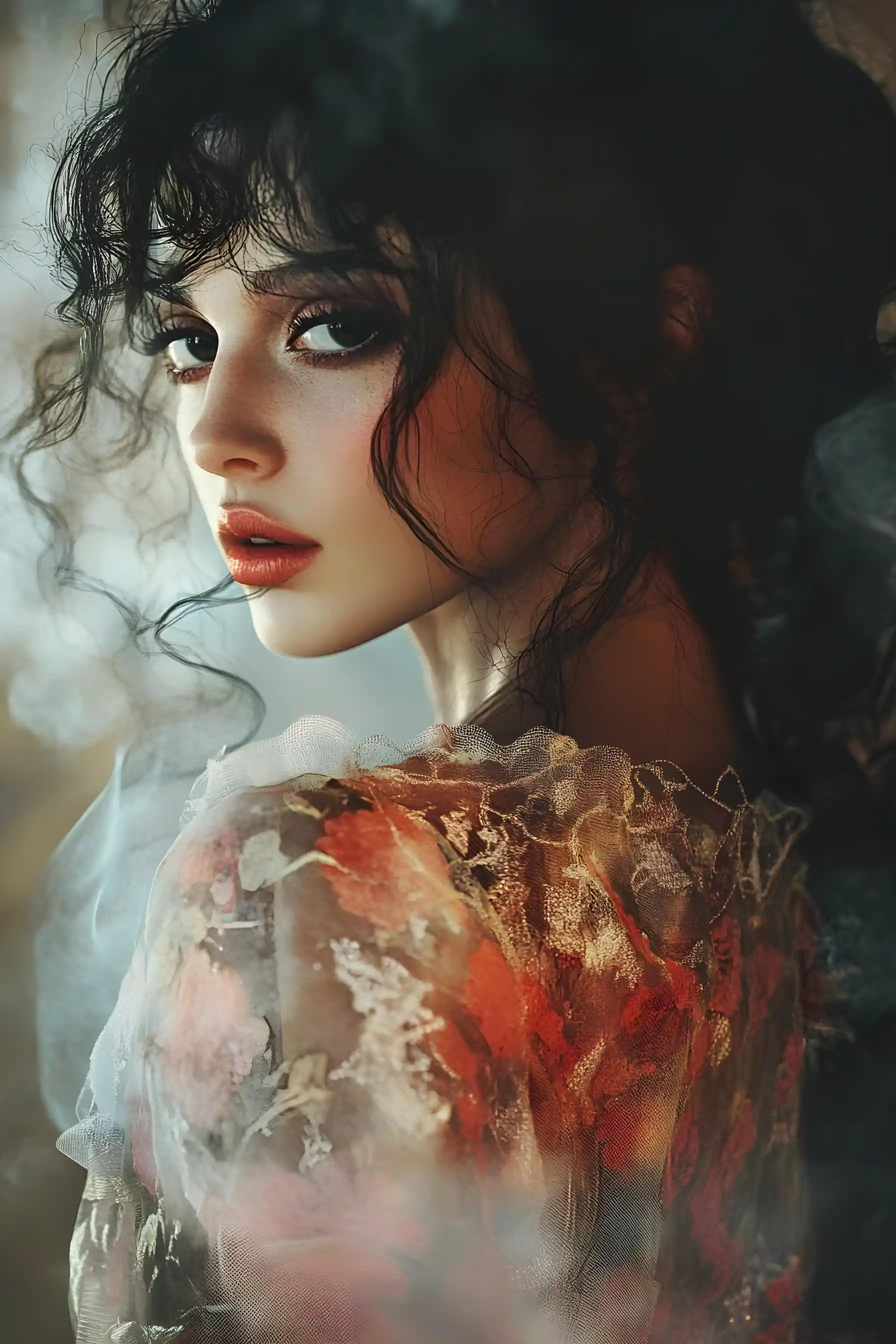 Ethereal woman in avant garde fashion with glowing eyes