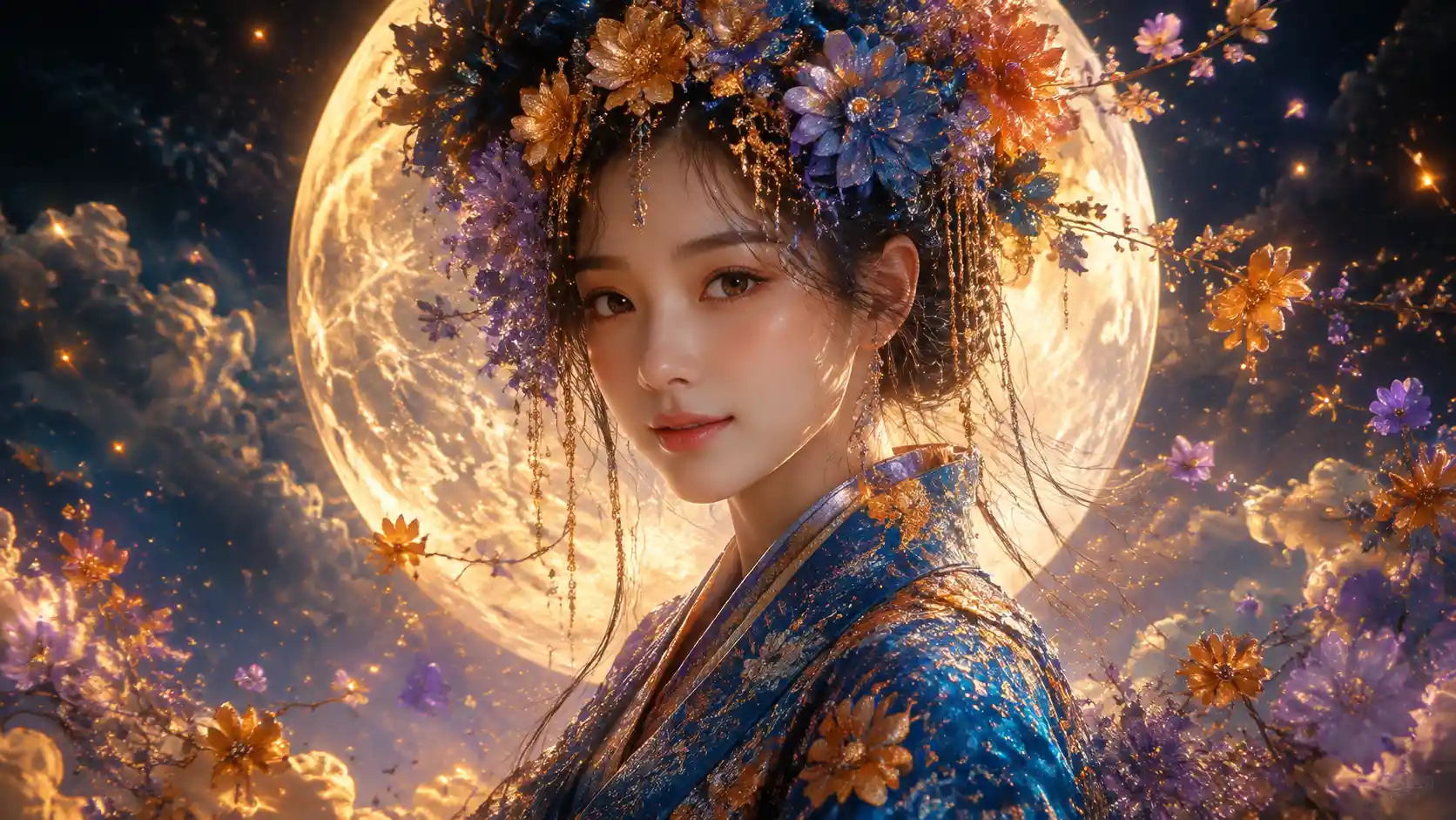 Mulher japonesa etérea diante de uma lua cheia luminosa