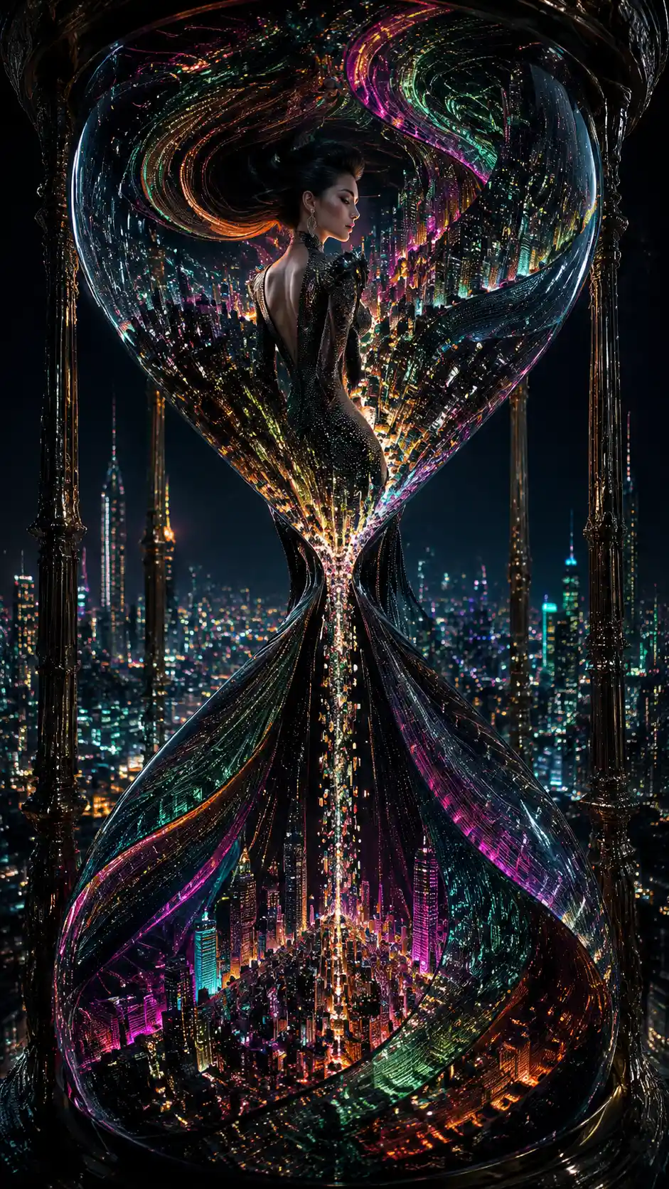 Surreal fashion woman inside a colossal city hourglass