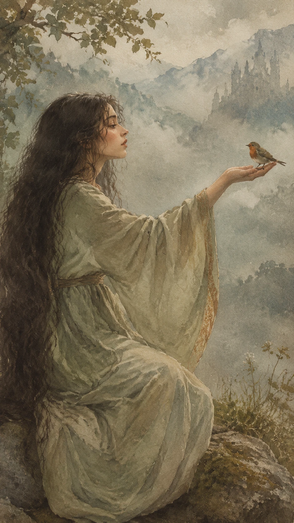 Young woman in toga holding a small bird in profile