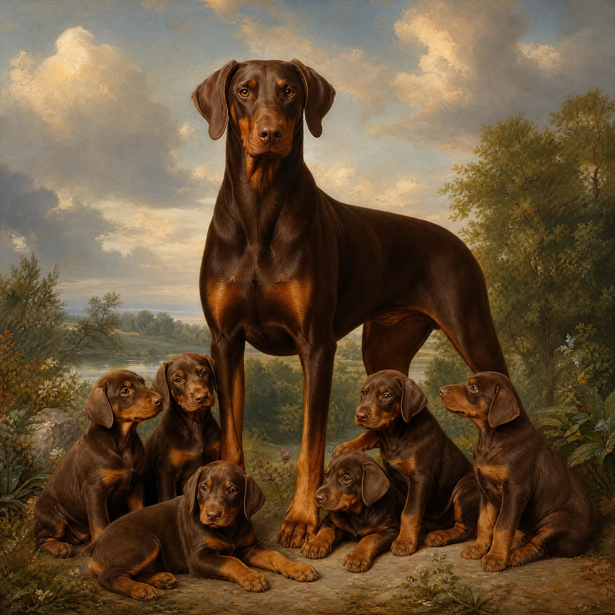 Doberman marrom de corpo inteiro em estilo quente de pintura a óleo