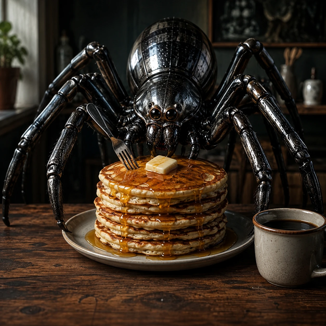 朝食テーブルでパンケーキを食べる不気味なメタリックスパイダー