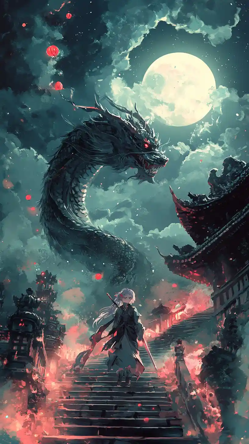 Asian dragon swirling through a moonlit cloudy night sky