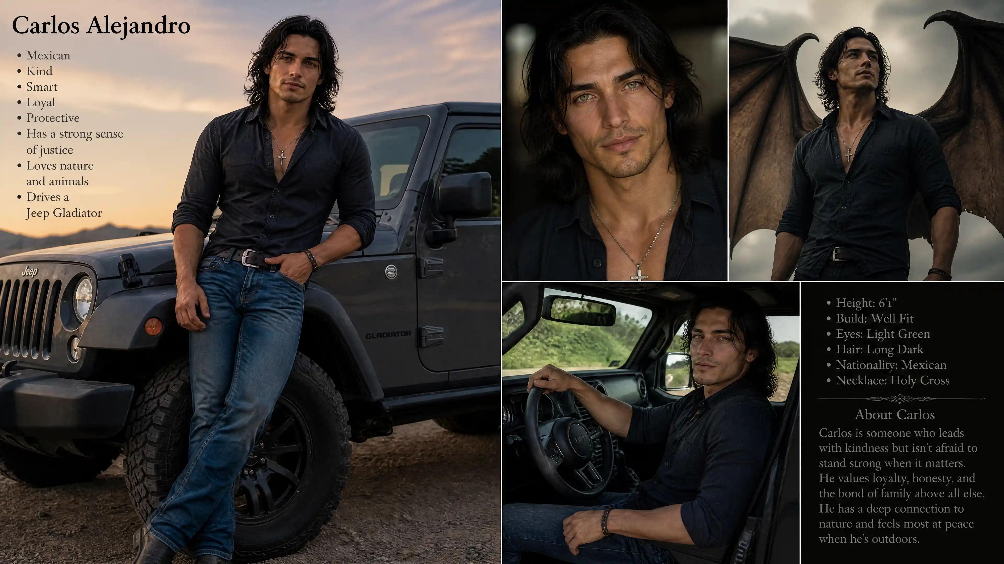 Uomo messicano con ali da pipistrello che guida un robusto Jeep Gladiator