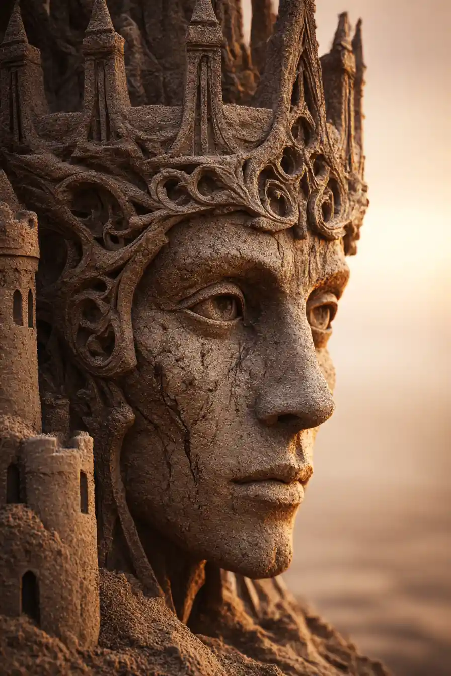 Gothic sandcastle portrait glowing on a moody beach