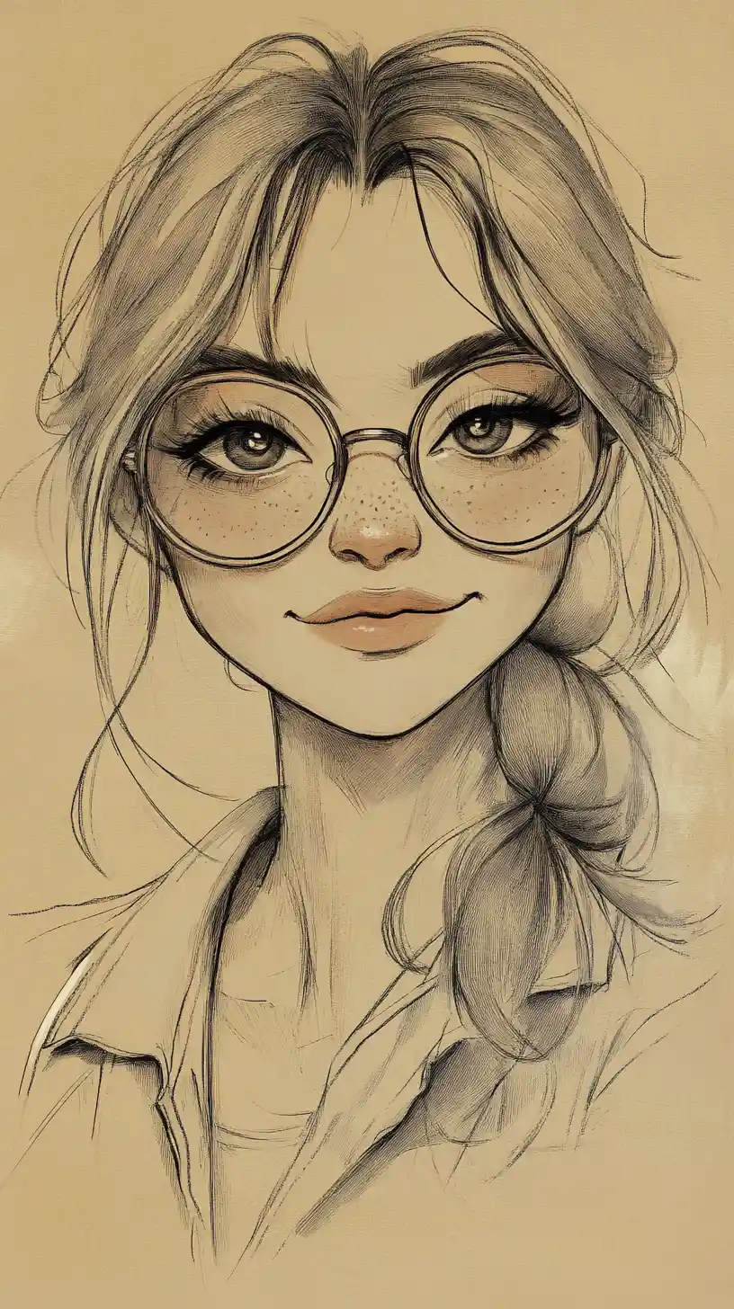 Stylized graphite portrait of a young woman with large glasses