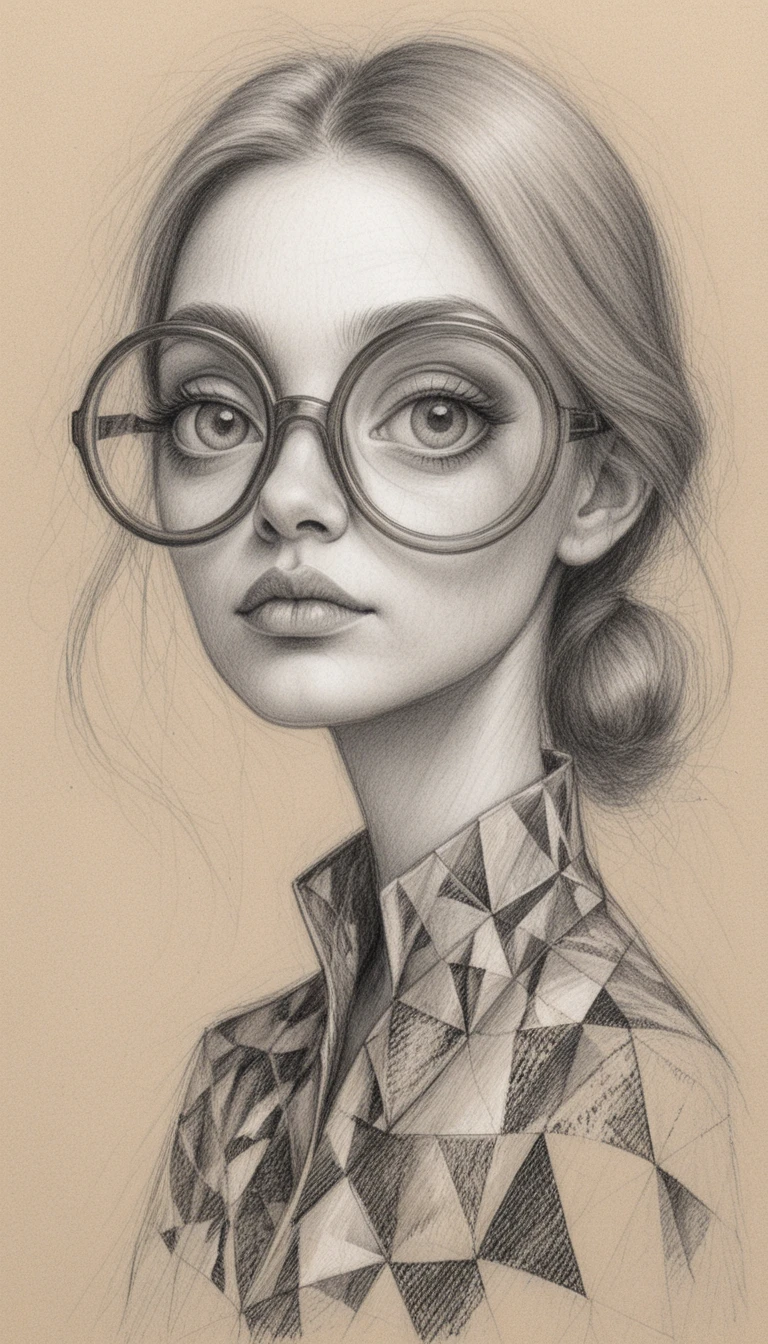 Portrait stylisé au graphite d’une fille avec de grandes lunettes rondes