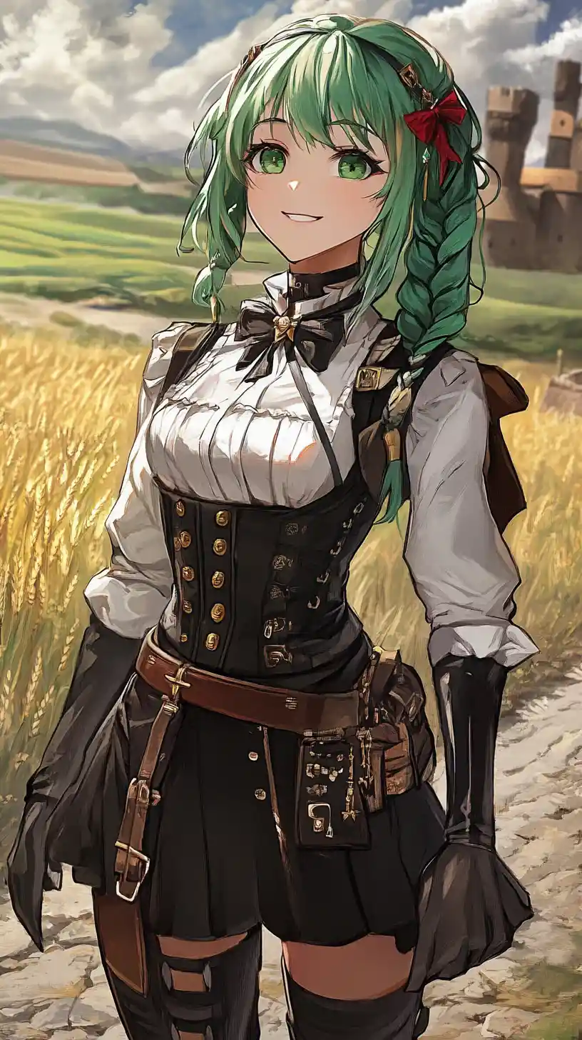 Ragazza anime dai capelli verdi in uniforme su una strada al tramonto