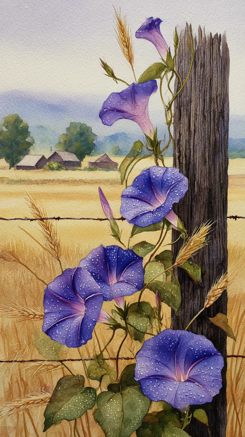 Ipomées aquarellées au bord d’un champ de blé doré