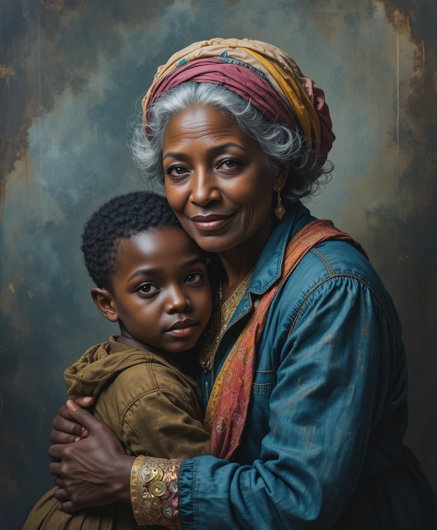Tender portrait of an elderly woman hugging a young boy