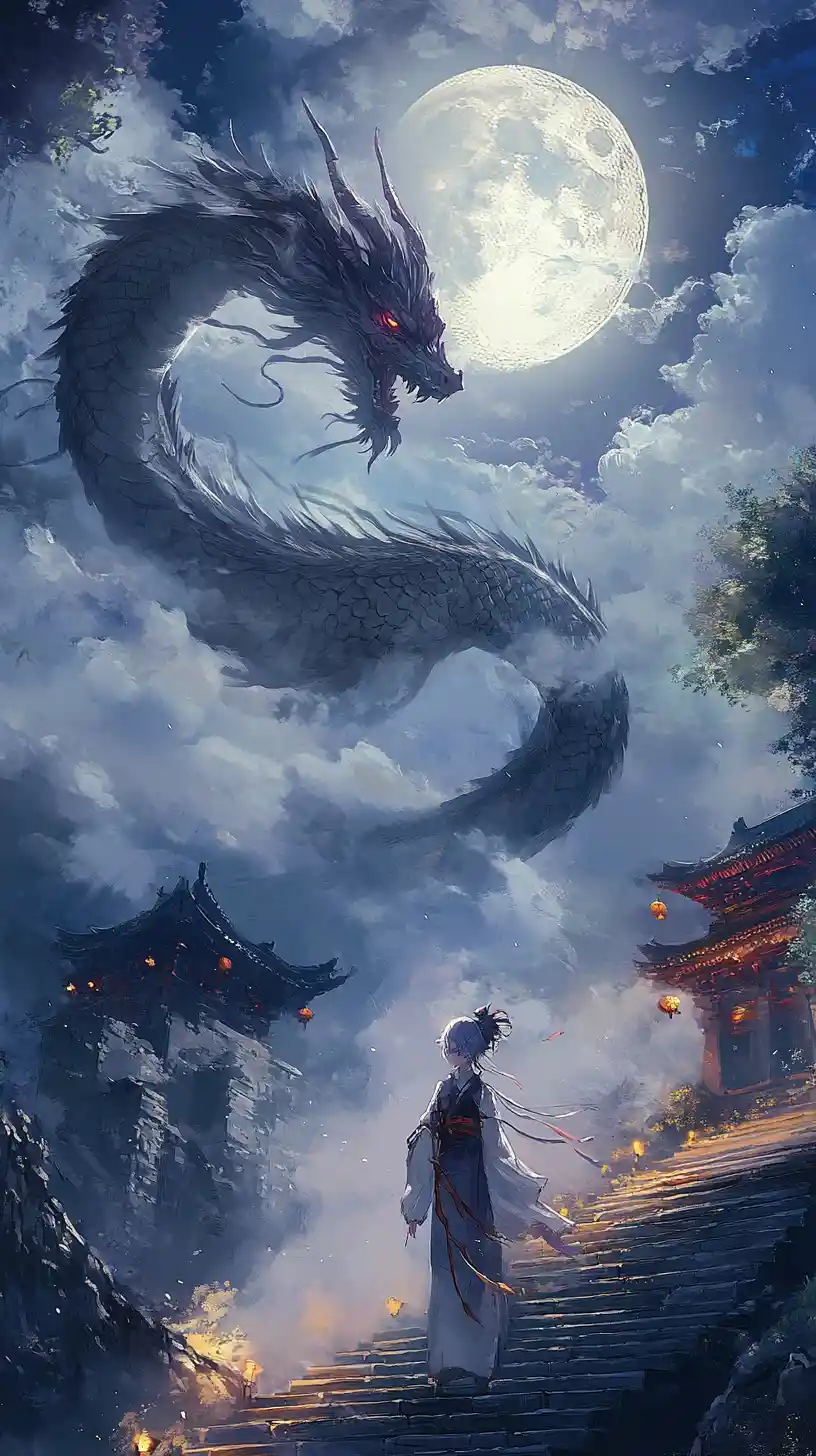 Anime girl on stone stairs under a chained sword monument