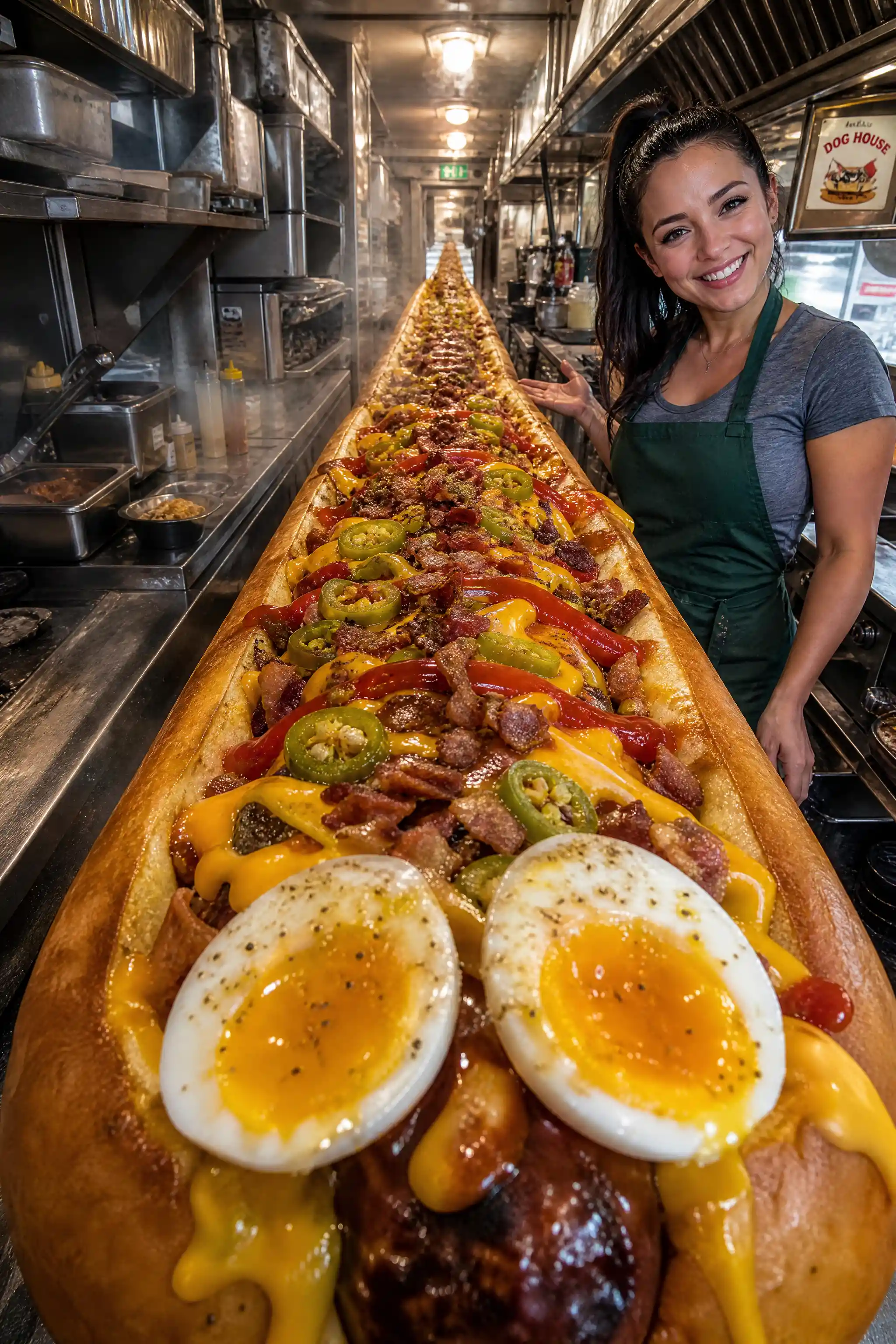 Gigantischer Gourmet-Hotdog in einer Vintage-Foodtruck-Küche