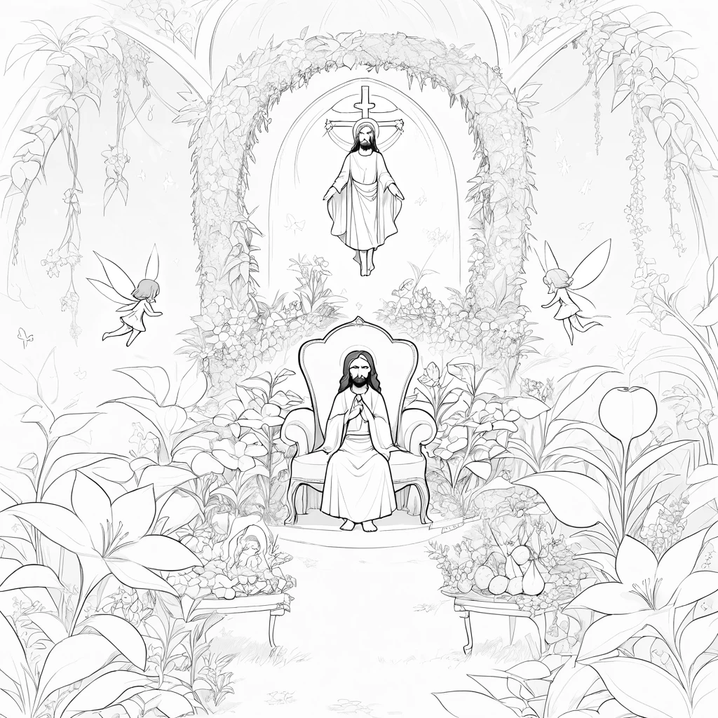 Jésus avec de petites fées dans un jardin de fleurs lumineux