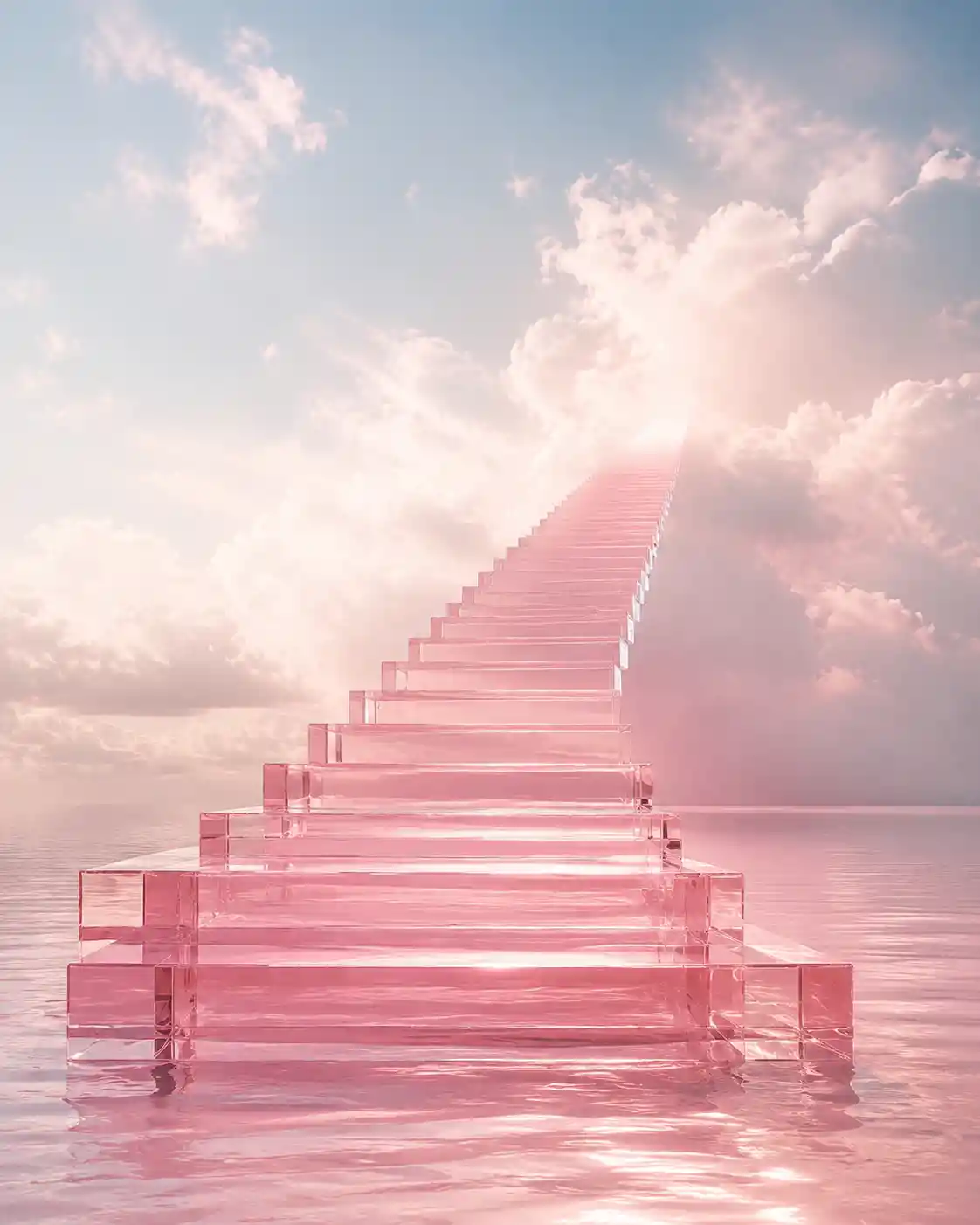倒映湖面上的超現實粉色水晶階梯