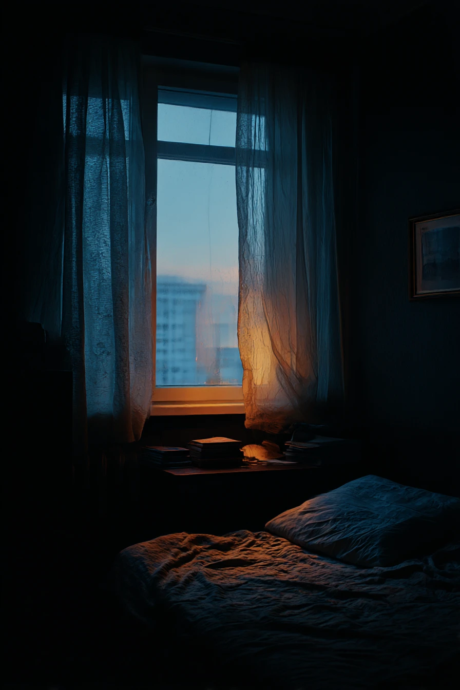 Escena de dormitorio tenue en la quietud de una noche tardía