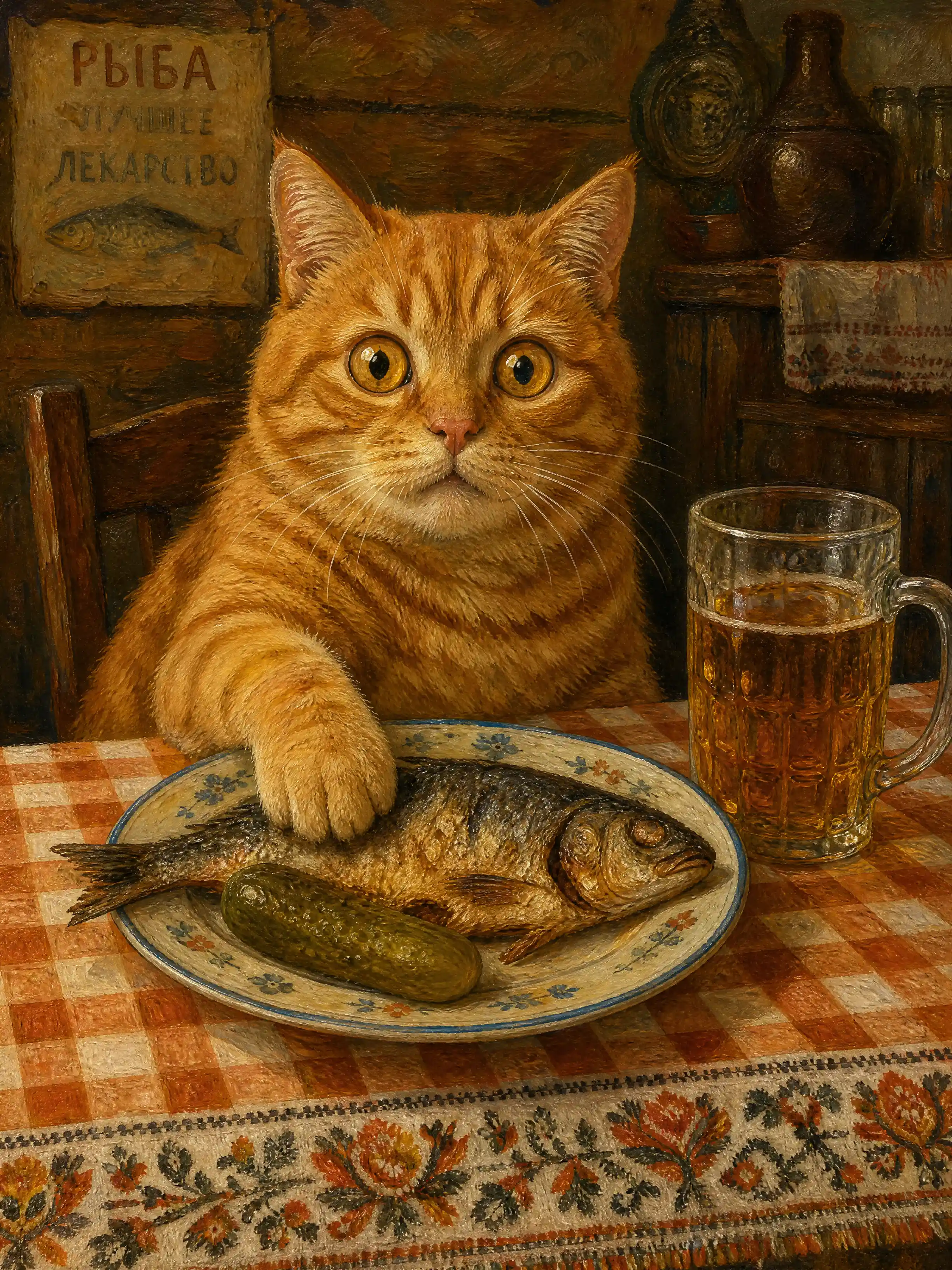 Gato malhado laranja à mesa com peixe e bebida