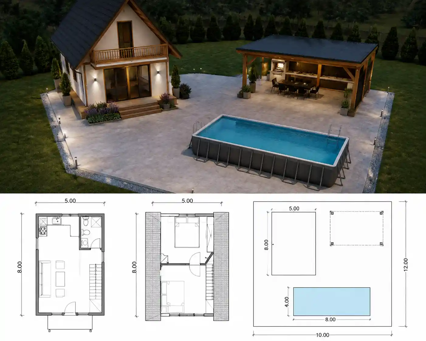 Plan de maison de week-end avec terrasse et piscine dans le jardin arrière