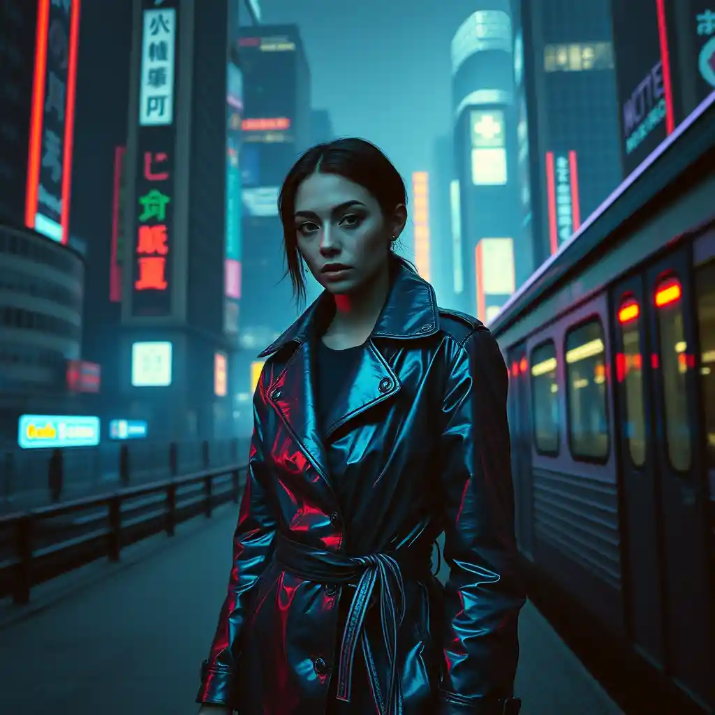 Mulher com olho cibernético em plataforma de trem iluminada por neon