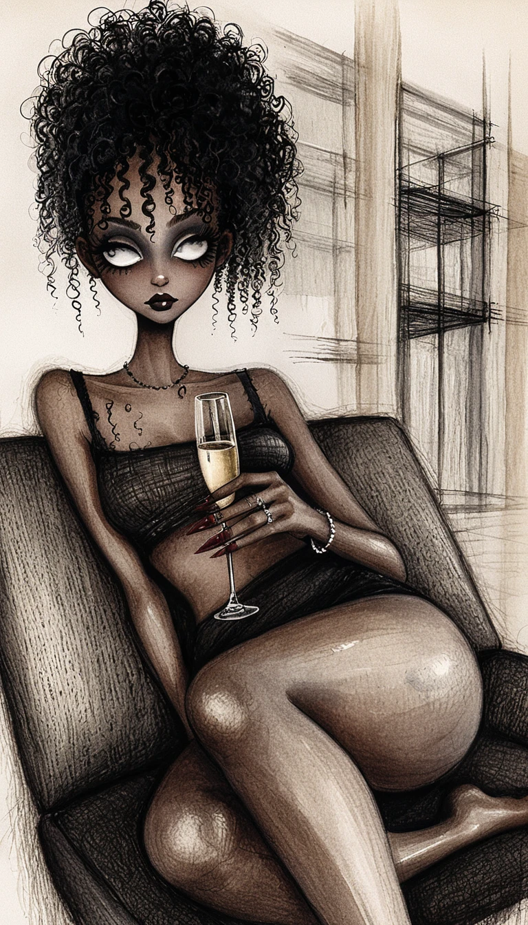 Mujer negra relajada en sofá oscuro – ilustración a tinta
