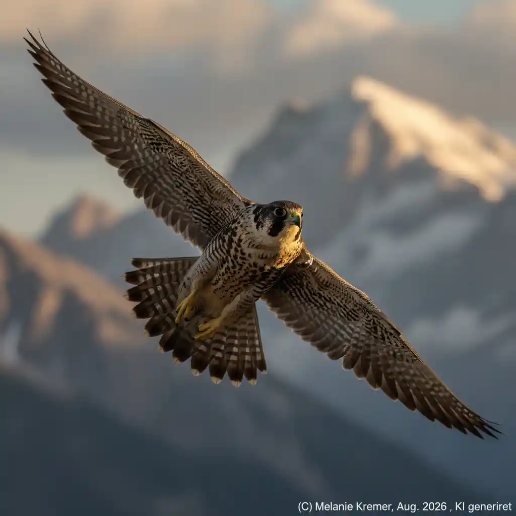 Peregrine falcon soaring with wings spread over distant mountains