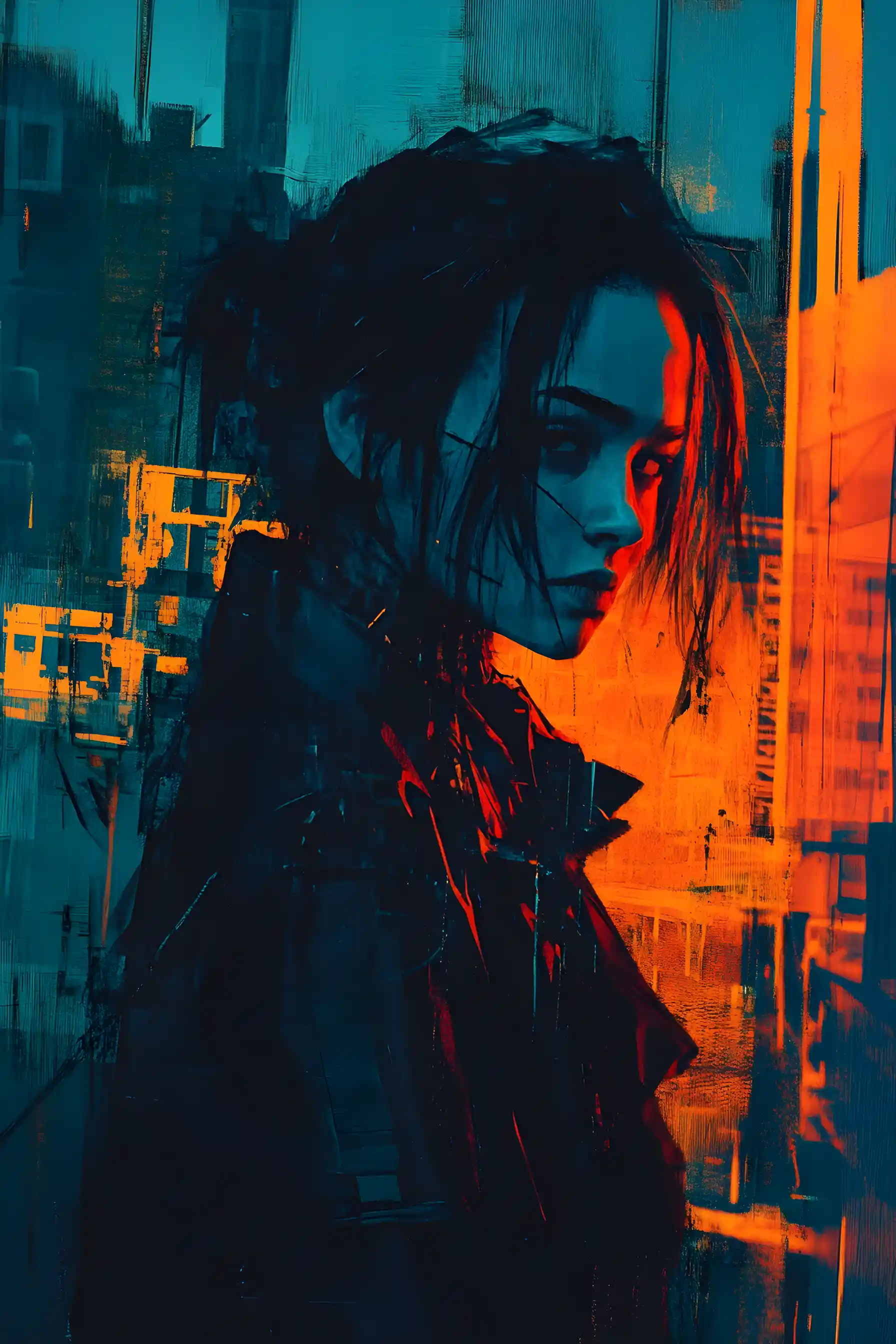 Cyber noir cinematic portrait of a woman in urban night