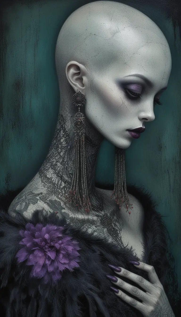 Surreal portrait of a stitched porcelain woman in profile