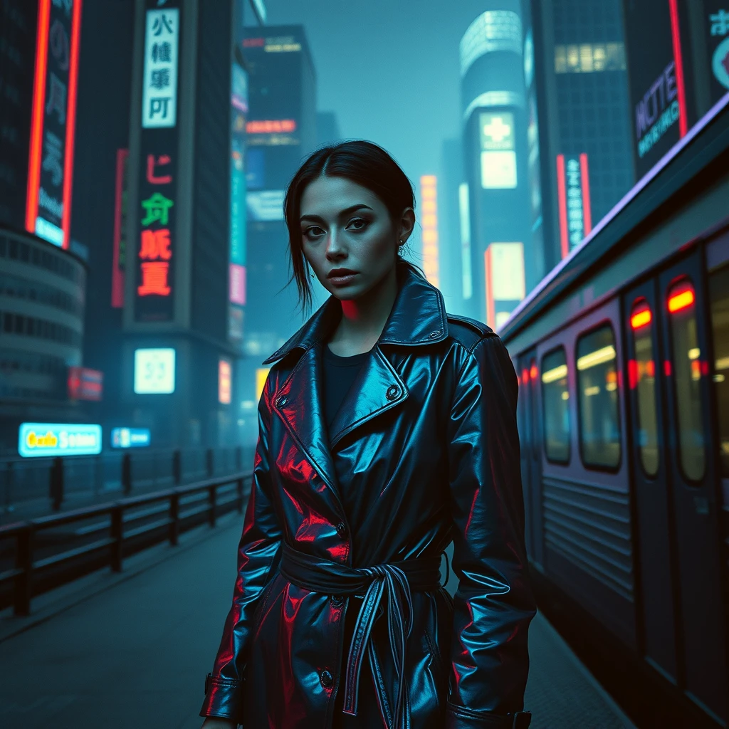 Mulher com olho cibernético em plataforma de trem iluminada por neon
