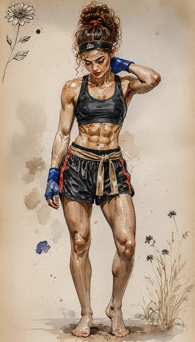 Mulher atlética com bandagens de boxe em ilustração em tinta e aquarela