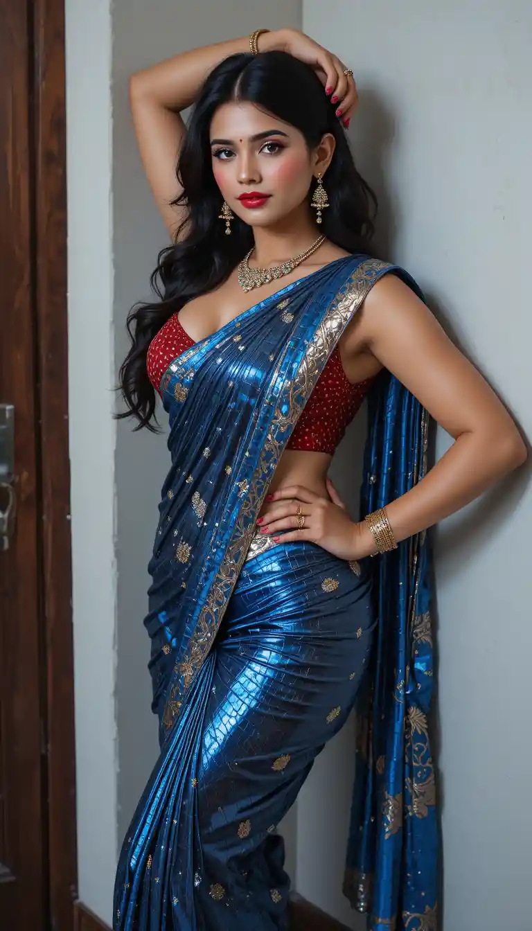 Indian woman in glossy saree posing with graceful full body bend