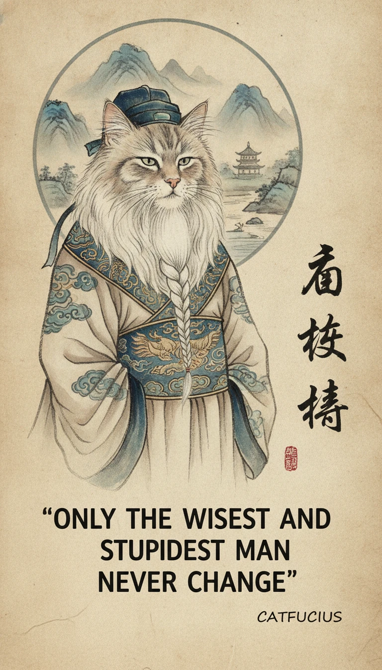 Gato de meme sábio vestido como filósofo chinês antigo