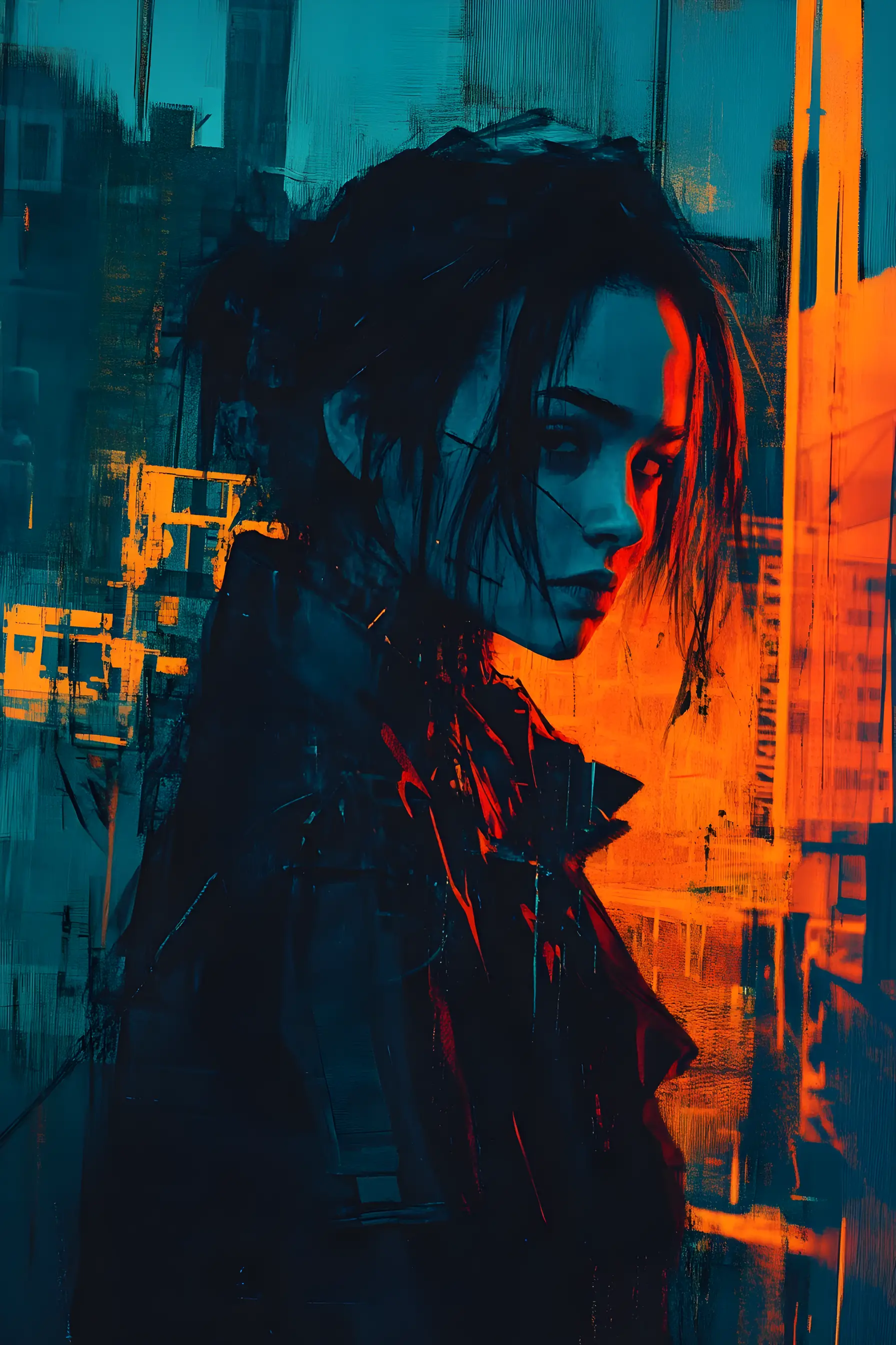 Cyber noir cinematic portrait of a woman in urban night