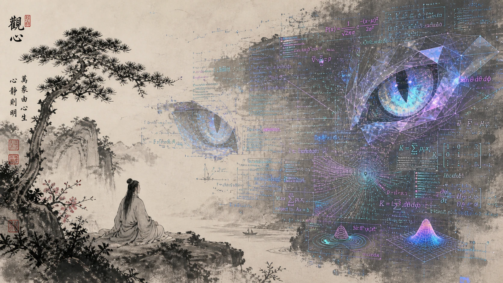 Ink landscape with holographic code fragments and cat eyes