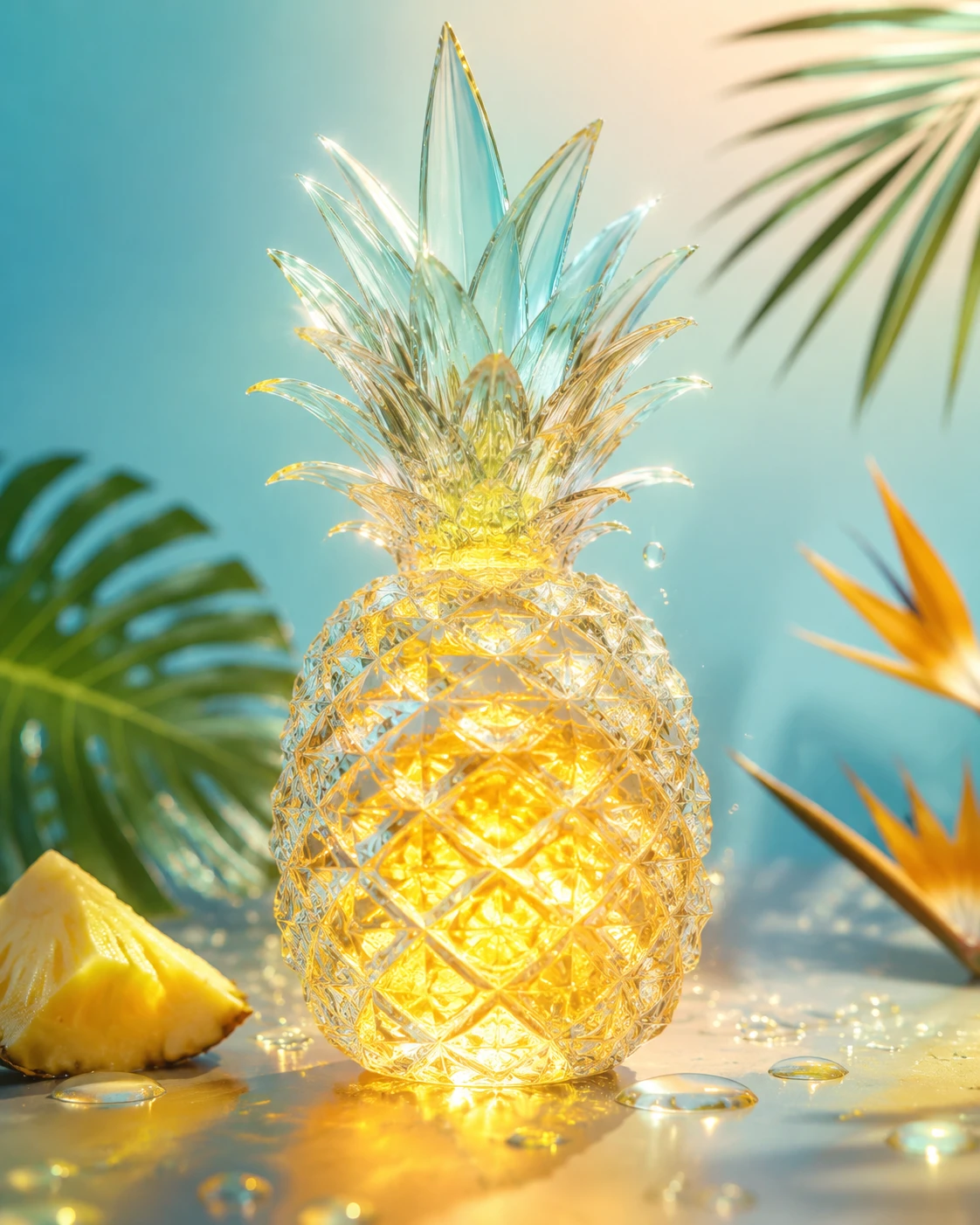 Glas-Ananas-Skulptur mit leuchtendem goldenen Fruchtkern