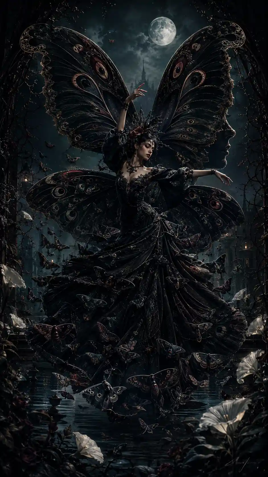 Dancer With Moth Wings In A Moonlit Gothic Garden
